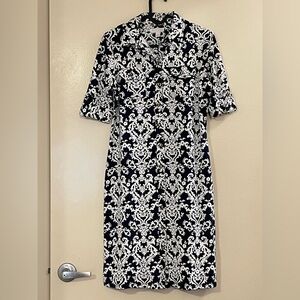 CHARTER CLUB NWOT Roll Up Sleeve Button Front Collared Dress in Navy and White